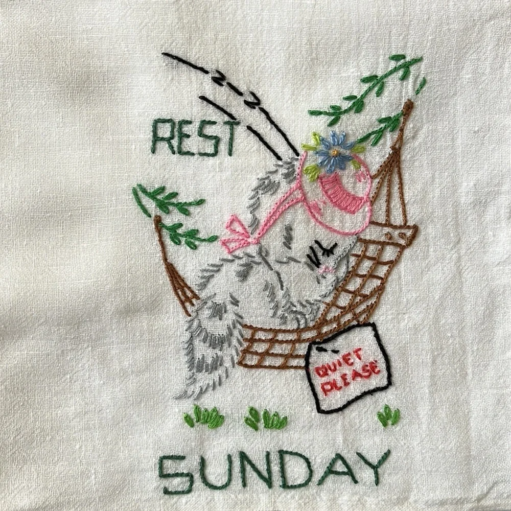 Vintage Embroidered White Flour Sack Cat Kitchen Tea Towel